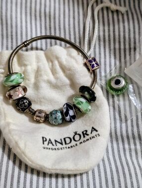 Pandora Silver Charm Bracelet with Green and Purple Accents
